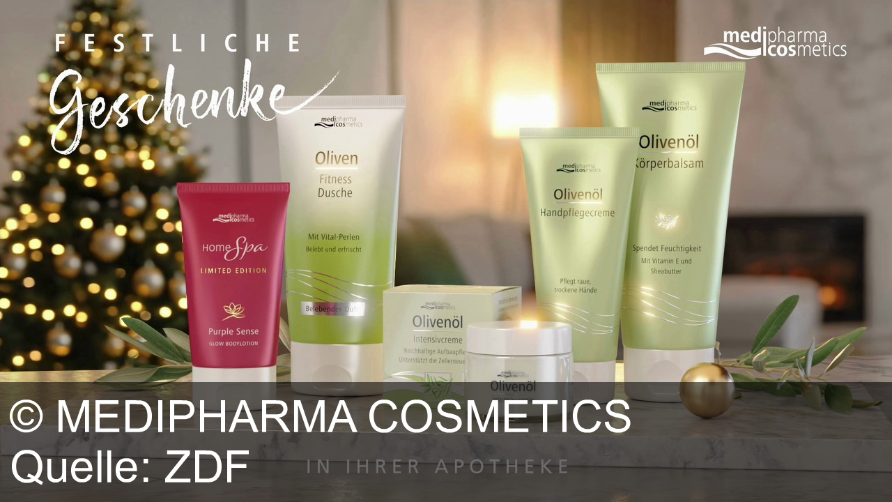 TV Werbung medipharma cosmetics - Medipharma Cosmetics: Olivenöl Intensivcreme pflegt trockene Haut und reduziert Falten. Entdecken Sie festliche Geschenkideen mit gratis Bodylotion – jetzt in Ihrer Apotheke!