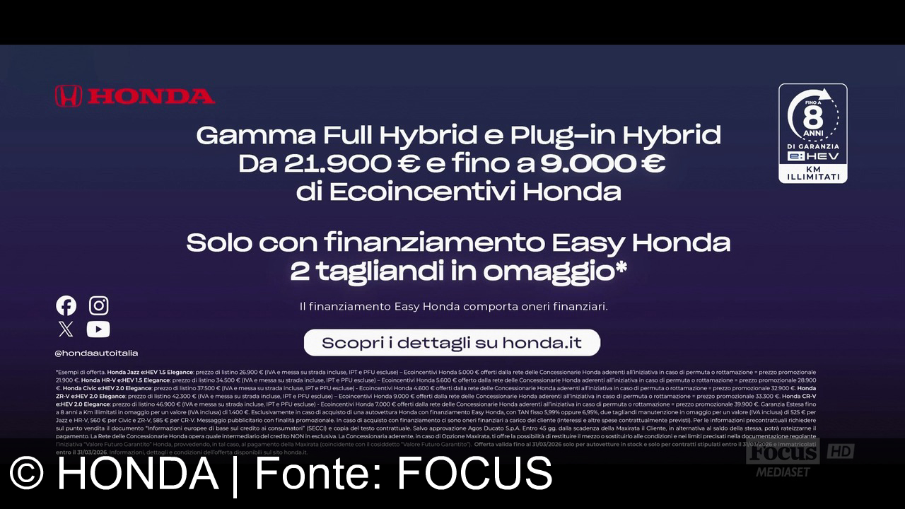 TV Werbung honda - Scopri la gamma Honda Full Hybrid: Jazz, HR-V, ZR-V, CR-V. Fino a 9.000€ di ecoincentivi, finanziamento Easy Honda e 2 tagliandi in omaggio. Il potere dei sogni, ora più accessibile.