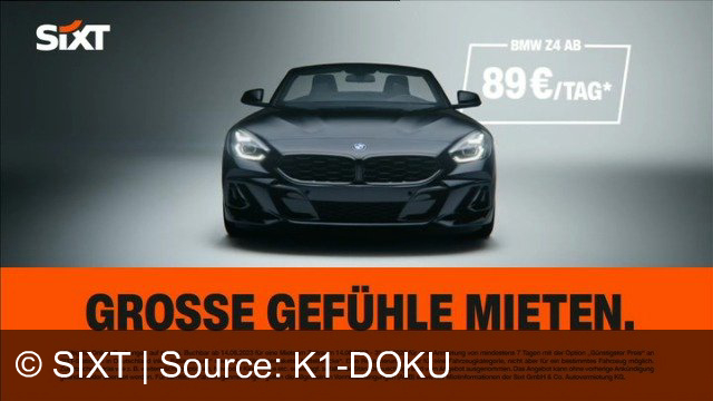 TV Werbung sixt - Sixt bietet günstige Mietpreise für große Autos wie den BMW Z4 ab 89 Euro pro Tag an, ideal für Wochenendausflüge mit der Familie.