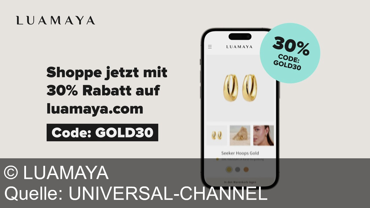 TV Werbung luamaya - Strahle jeden Tag mit wasserfestem Schmuck von Luamaya! Kein Verfärben, langlebig, elegant. Spare 30 % mit Code GOLD30 auf luamaya.com – entdecke jetzt deine Lieblingspieces.