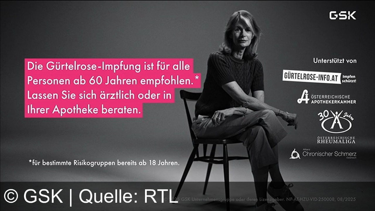 TV Werbung gsk - GSK präsentiert: Schützen Sie sich vor Gürtelrose! Empfohlen ab 60 Jahren – Beratung in Ihrer Apotheke oder beim Arzt. Unterstützt von ÖSTERREICHISCHER APOTHEKERKAMMER & RHEUMALIGA. Impfen schützt!