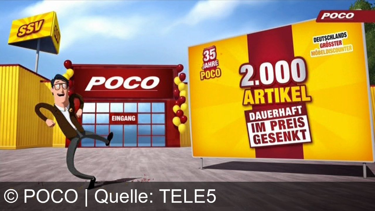 TV Werbung poco - Crazy Walter liebt die Farben bei Poco. Dort gibt es jetzt SSV mit tollen Angeboten: Boxspringbett für 399€, Esstisch für 149€, Waschvollautomat für 299€ und 10L Alpina Farbe für 18,50€. 2000 Artikel dauerhaft reduziert.