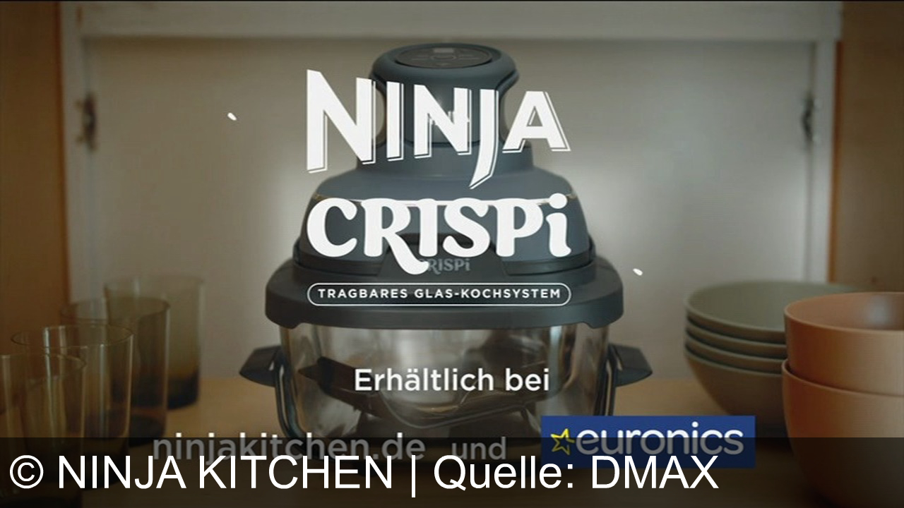 TV Werbung ninja kitchen - Lerne den Ninja Crispy kennen. Die Leistung einer vollwertigen Heißluftfritteuse in einem tragbaren Kochsystem, damit du zu Hause große Mengen und überall kleine Portionen zubereiten kannst. Zubereiten, crispen, servieren und aufbewahren. Alles in einem. Mit dem Ninja Crispy.