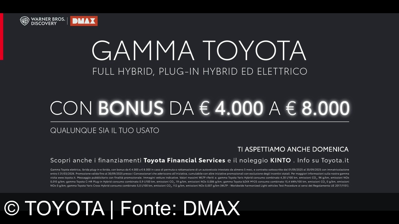 TV Werbung toyota - Scopri la gamma Toyota: Yaris Hybrid, C-HR Plug-in, bZ4X elettrica e Yaris Cross Hybrid. Bonus fino a 8.000€. Scegli l’innovazione con Toyota, anche con KINTO e Toyota Financial Services!