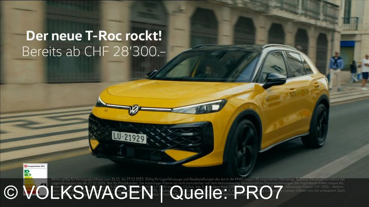 TV Werbung volkswagen - Der neue Volkswagen T-Roc rockt jeden Style – starkes Design in Canary Yellow, moderne Features, R-Line-Power. Jetzt bei AMAG, schon ab CHF 28'300.–! Untermalt mit "Song2" von Blur! Das rockt!