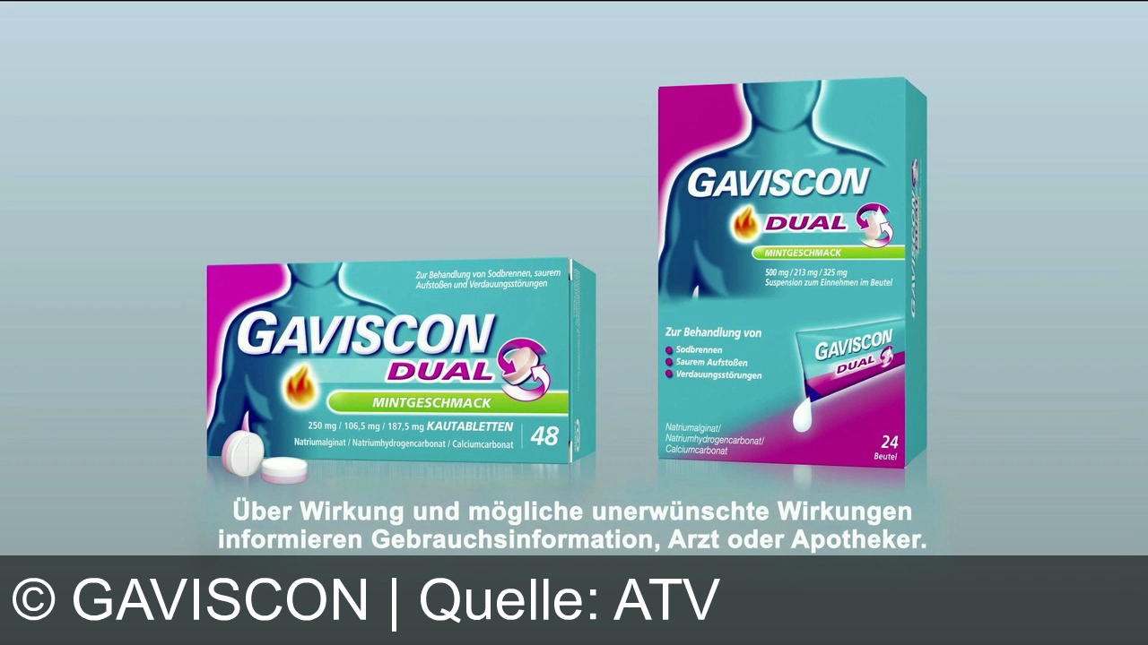TV Werbung gaviscon - Bei Sodbrennen: Gaviscon Dual mit Zweifachwirkung neutralisiert und schützt bis zu vier Stunden für schnelle Linderung.