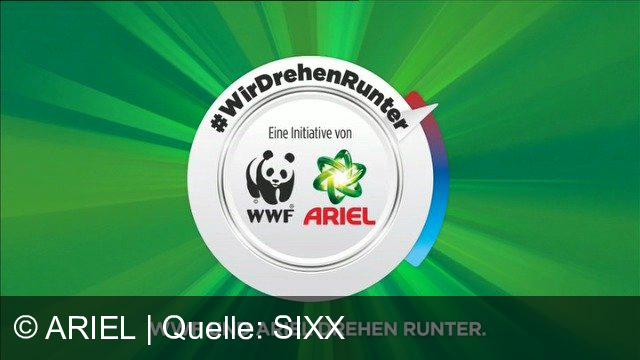 TV Werbung ariel - Wasche kälter mit WWF und Ariel. So sparst du bis zu 60% Energie, reduzierst CO2 und schützt dadurch das Klima. Hartnäckige eingetrocknete Flecken sind dabei oft eine Herausforderung. Aber die neuen Ariel Pots mit roter Kammer sorgen sogar in kaltem Wasser für eine ausgezeichnete Fleckentfernung. Auch bei hartnäckigen Flecken. Ariel wirkt selbst bei 7 Tage alten eingetrockneten Flecken in kaltem Wasser. Stets außer Reichweite von Kindern aufbewahren. WWF und Ariel drehen runter. Machst du mit?