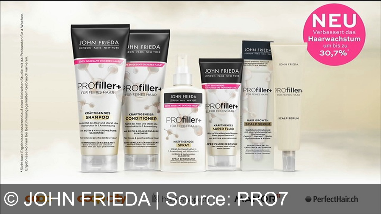 TV Werbung john frieda - John Frieda PROfiller+: Von feinem zu vollem Haar – bis zu 200% dicker. Neu mit Biotin & Hyaluron: Haarwachstum um bis zu 30,7% verbessert. Shampoo, Conditioner, Spray & Scalp Serum.