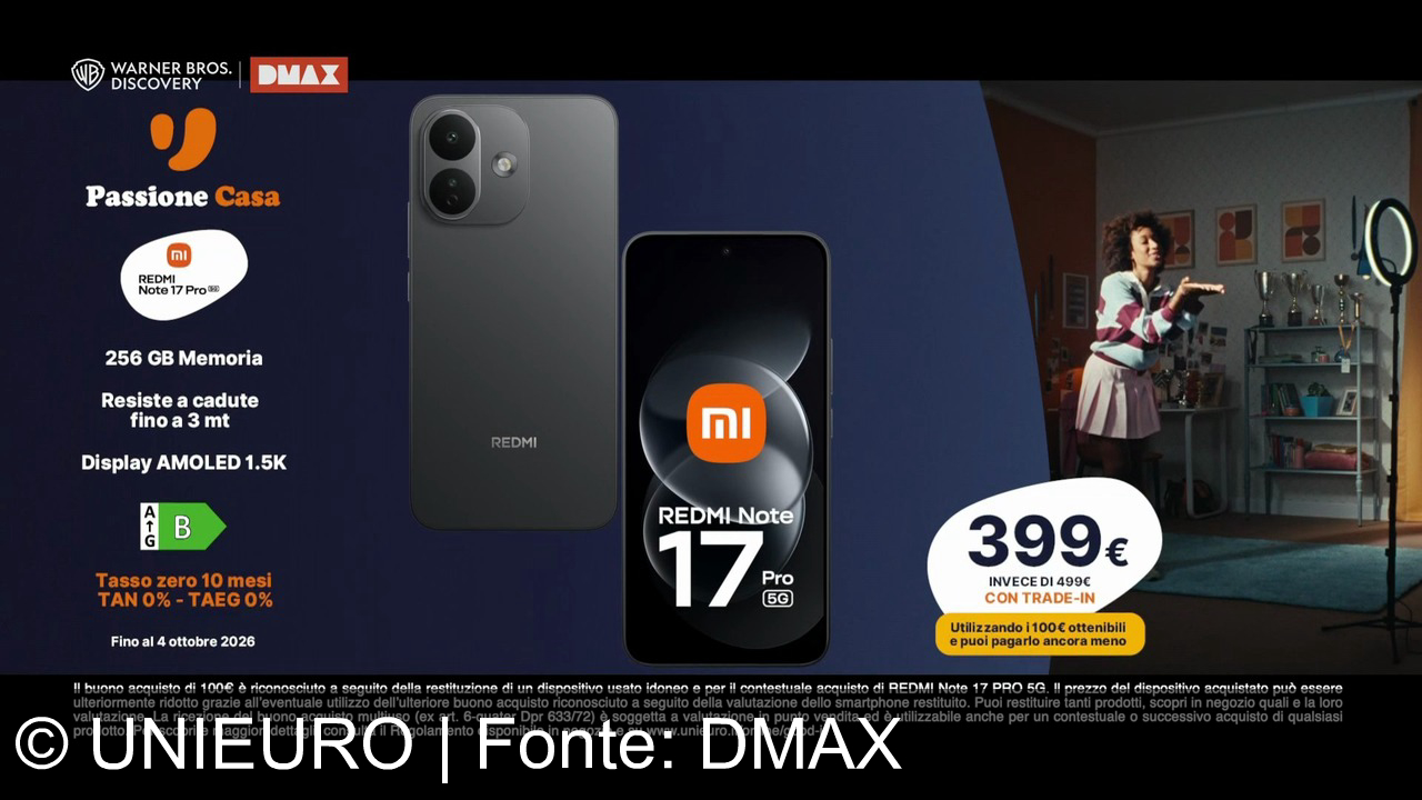 TV Werbung unieuro - Da Unieuro, Xiaomi Redmi Note 17 Pro 5G: fino a 3 giorni di autonomia. Con Trade-In, a 399€ invece di 499€ e un buono da 100€!