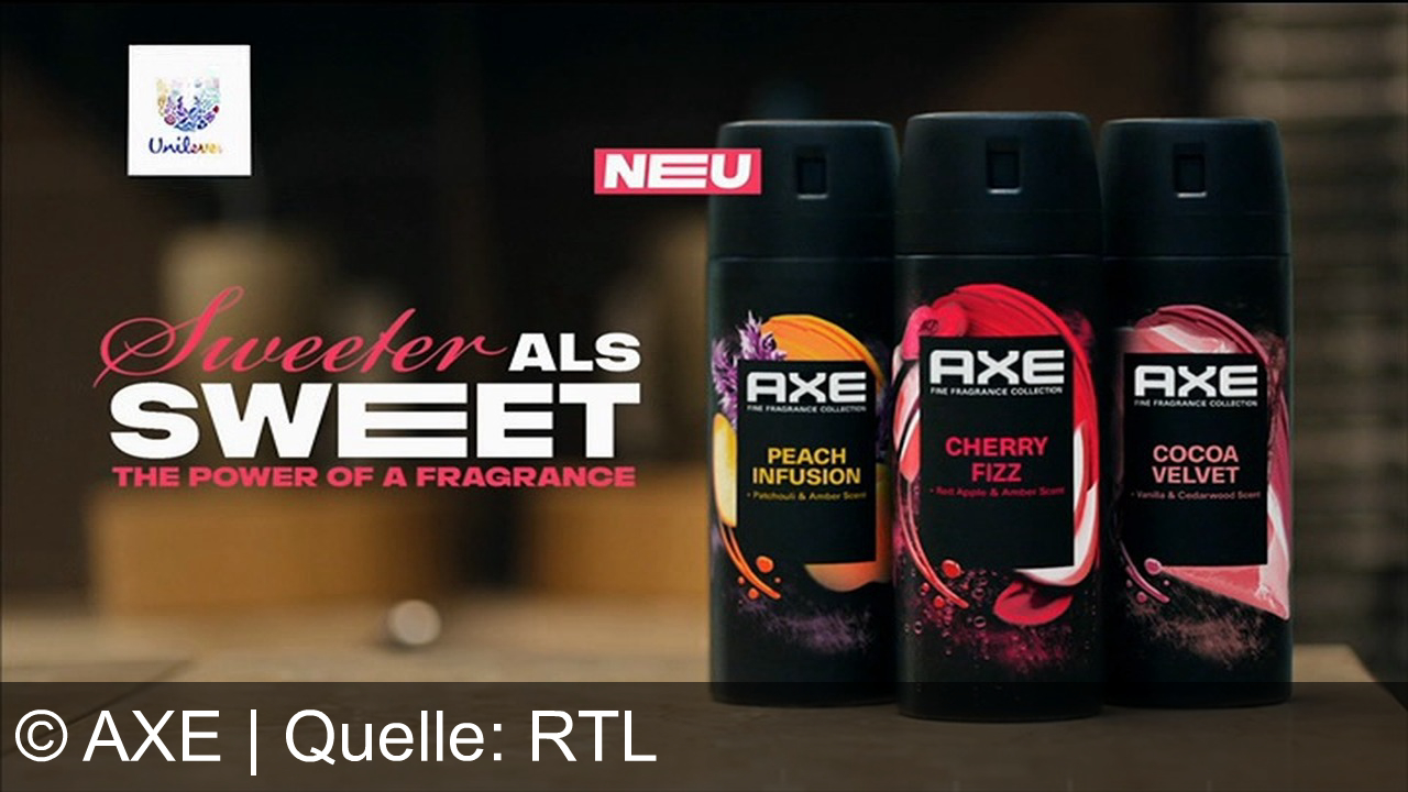 TV Werbung axe - Entdecke die neuen Düfte der Axe Fine Fragrance Collection – sweeter als sweet! Verführerische Kombinationen wie Cherry, Peach Fizz und Cocoa Infusion für unwiderstehliche Momente.