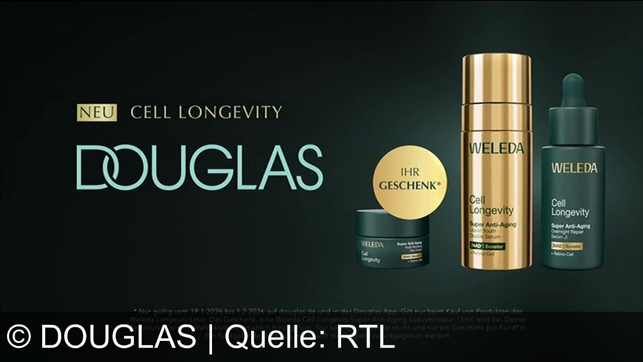 TV Werbung douglas - Entdecke das neue Weleda Cell Longevity Super Anti-Aging Double Serum mit NAD+ Booster – für glattere, jugendlichere Haut. Exklusiv bei Douglas, jetzt mit Geschenk!
