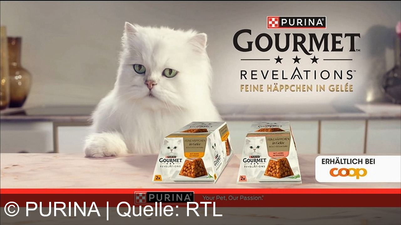 TV Werbung purina - Purina Gourmet: Feinschmecker-Genuss für Ihre Katze. Entdecken Sie exquisite Vielfalt und das neue Revelations – feine Häppchen in Gelee. Jetzt bei Coop!