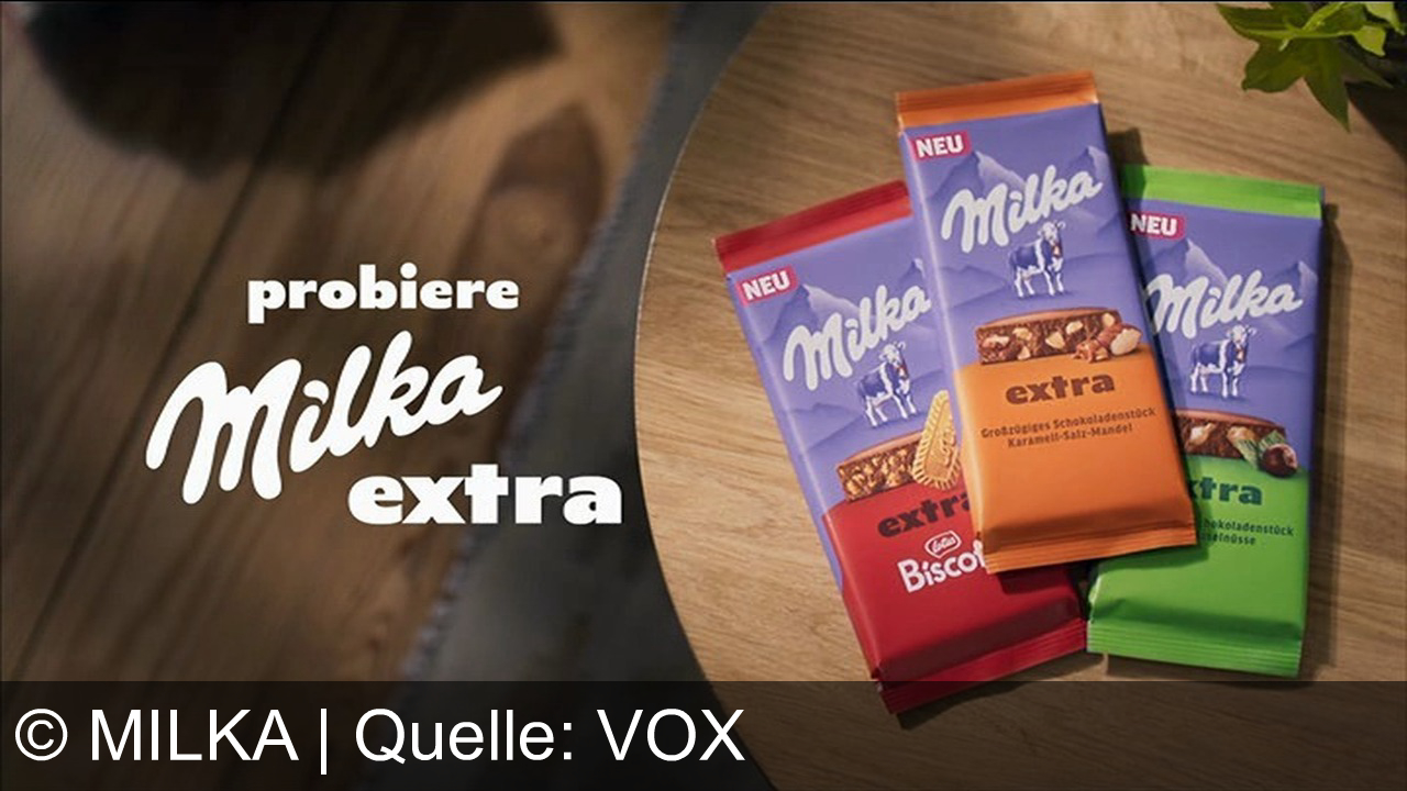 TV Werbung milka - NEU: Milka Extra – knackige Karamell-Salz-Mandeln in extra großen Milka-Schokoladenstücken. Mehr Genuss, mehr Milka. Probiere Milka Extra!