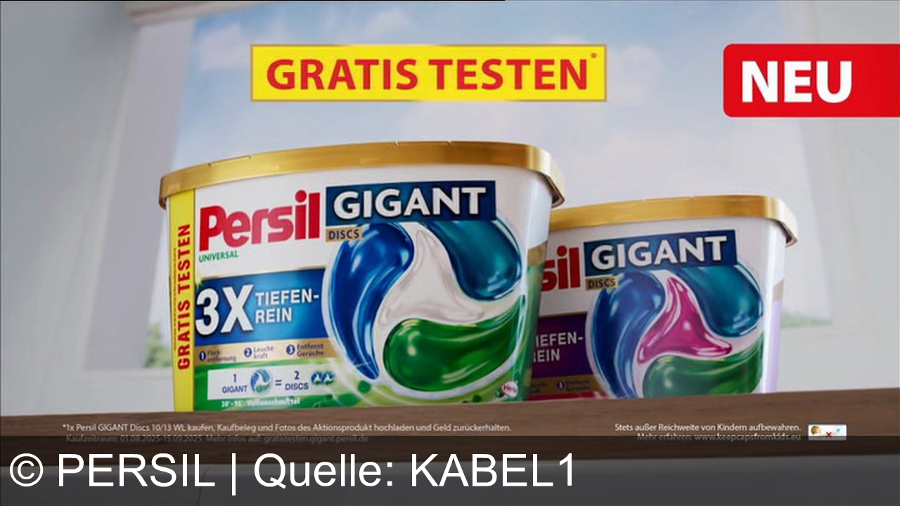 TV Werbung persil - Persil. Hartnäckige Flecken, üble Gerüche. Das schaffen nur die neuen Persil Gigant Discs mit dreifacher Tiefenreinheit. Gigantisch sauber, gigantisch frisch, gigantisch strahlend. Außer Reichweite von Kindern aufbewahren. Wenn es tiefenrein ist, ist es Persil. Jetzt die neuen Persil Gigant Discs gratis testen.