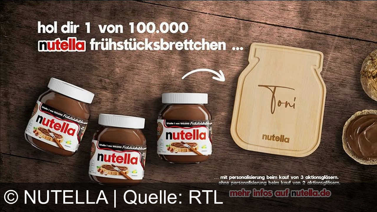 TV Werbung nutella - Nutella – der gute Morgen, der uns verbindet. Jetzt Frühstücksbrettchen sichern: Mit deinem Namen bei Kauf von 3 Aktionsgläsern. Mehr Infos auf nutella.de.