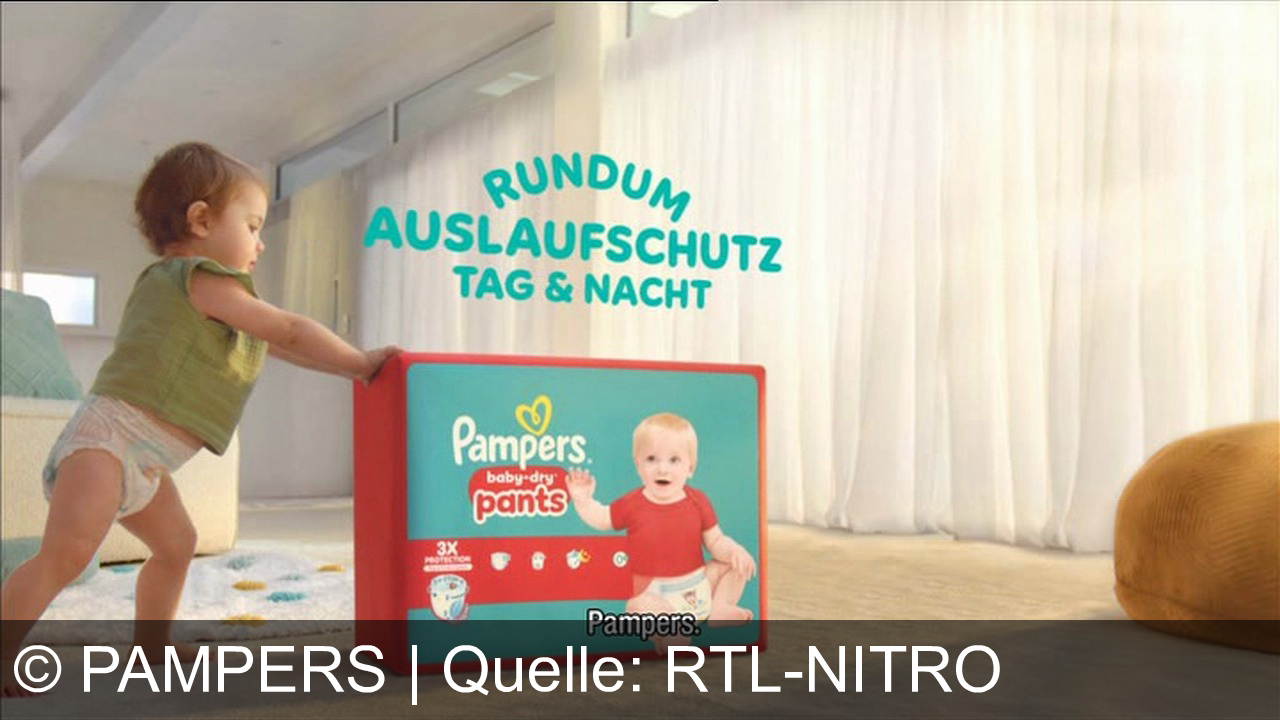 TV Werbung pampers - Bewegungen wie diese können zum Auslaufen der Windel führen. Die neuen Pampers Pants haben ein Stopp und Schutzsystem mit zweimal breiteren Bündchen gegen Auslaufen an den Beinen und ein Täschchen, das Auslaufen am Rücken verhindert, so bleibt die Windel auslaufsicher, egal wie sich dein Baby bewegt. Pampers.