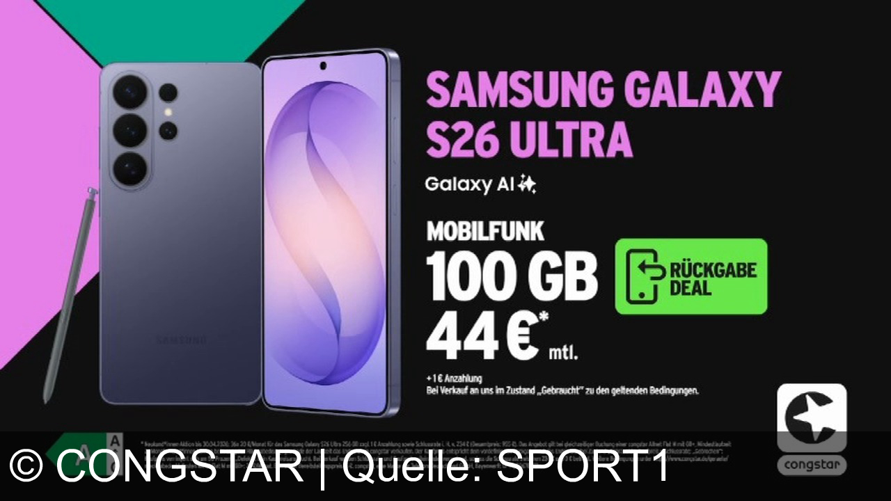 TV Werbung congstar - Alte Handys in der Schublade? Nutze den Rückgabe Deal von Congstar, verkaufe später dein Gerät und zahle jetzt nur 44€ mtl. für das Samsung Galaxy S26 Ultra.