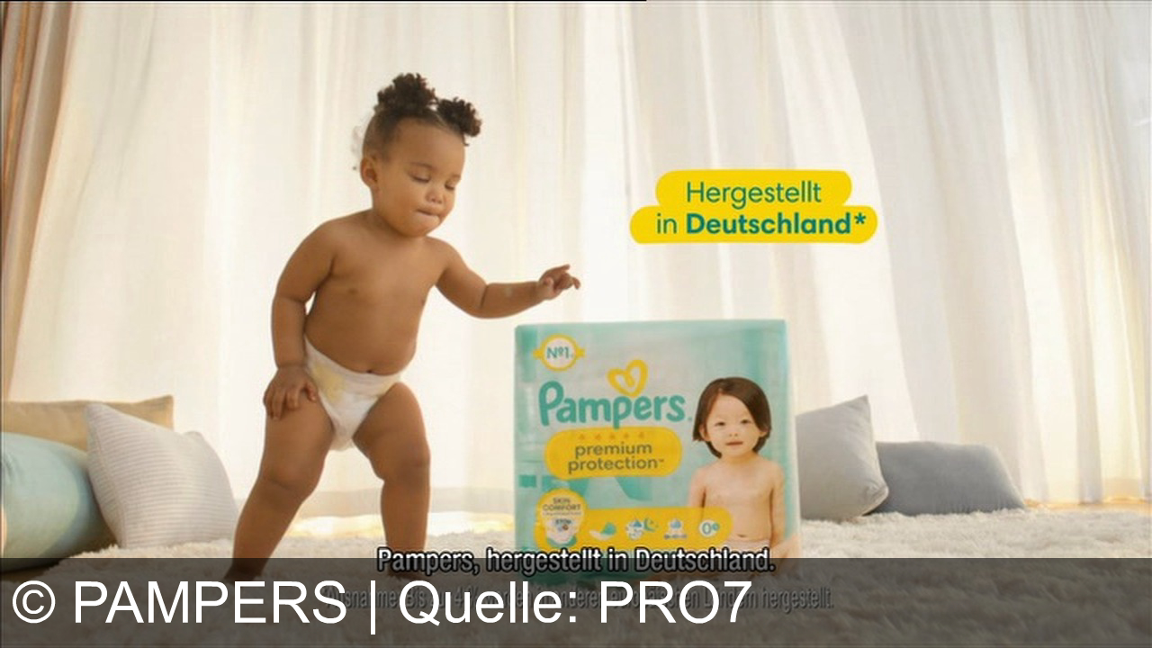 TV Werbung pampers - Pampers Premium Protection Windeln bieten doppelten Hautschutz mit sofortiger Flüssigkeitsabsorption und einem neuen Auslaufschutz, hergestellt in Deutschland.