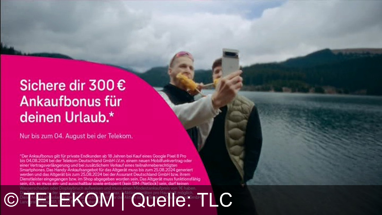 TV Werbung telekom - Sichere dir bis zum 04.08.2024 einen 300 € Ankaufbonus beim Kauf eines Google Pixel 8 Pro bei der Telekom. Gilt für private Endkunden ab 18 Jahren mit neuem Mobilfunkvertrag oder Vertragsverlängerung.