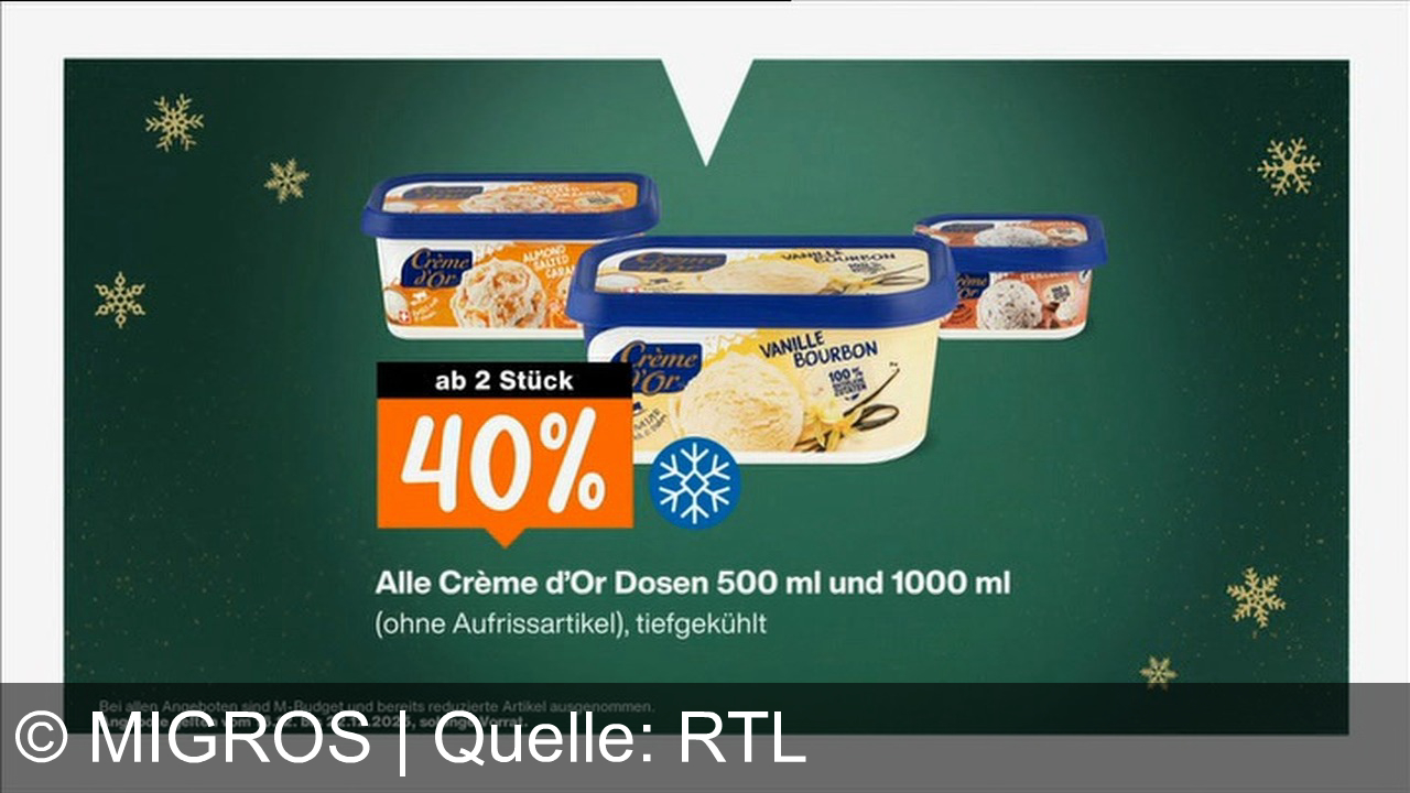 TV Werbung migros - Sparen und feiern mit Migros: 40% auf Raccard Nature, 30% auf Monini Olivenöl ab 2 Stück, 40% auf Crème d’Or Eis – nur vom 16.12.–22.12.2025!