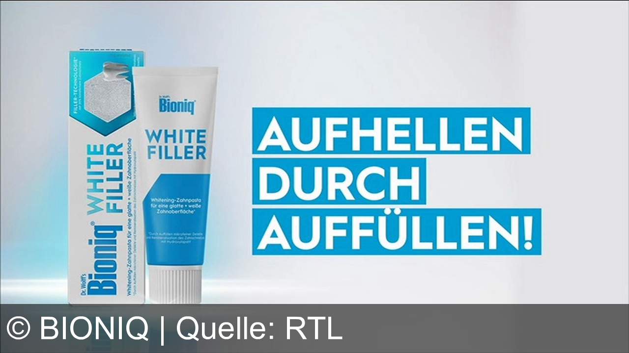 TV Werbung bioniq - Neu Bionic White Filerzahnpasta die schwarze, angeraute Fläche stellt unseren Zahnschmelz dar. Machen Sie das Experiment links Bionic mit der Filertechnologie, rechts eine herkömmliche whitening Zahnpasta ohne Filertechnologie bei Bionic ist der whitening Effekt deutlich sichtbar Bionic White Filerzahnpasta aufhellen durch auffüllen.