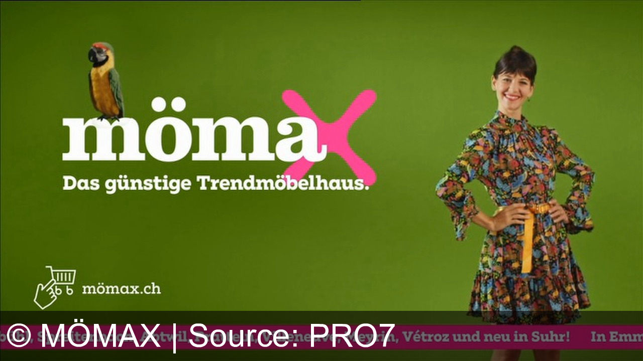 TV Werbung mömax - Diesmal vom Papaeki und seiner Co-Moderatorin: Mömax (Schweiz) - Trendige Möbel zu unschlagbaren Preisen! Entdecke das Exofa, den geschmeidigen Duvetbezug und das günstige Boxspringbett. Besuche uns in deiner Nähe oder online auf mömax.ch! Das günstige Trendmöbelhaus. mömax.ch Bühl, Spreitenbach, Abtwil, Pratteln, Villeneuve, Meyrin, Vétroz und neu in Suhr!