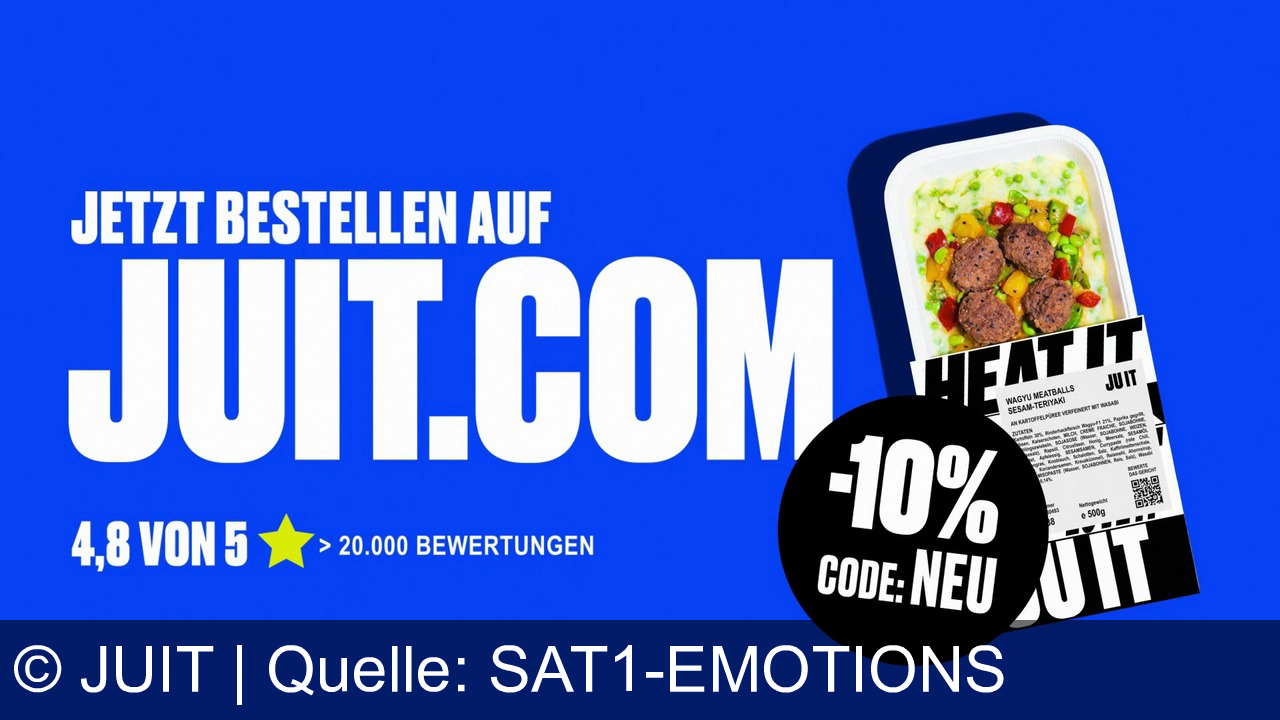 TV Werbung juit - Hungrig? Spare Zeit & genieße gesunde Gerichte von JUIT.COM – von Köchen frisch gekocht, in 8 Minuten fertig! Jetzt 10% Rabatt mit Code NEU sichern. Heat it. Love it.