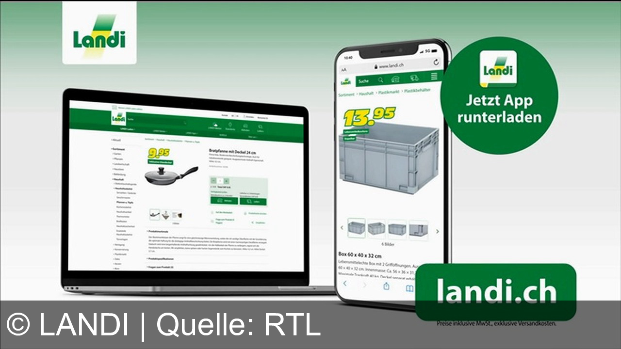 TV Werbung landi - Landi Tiefpreis-Hits: Bratpfanne mit Deckel für 9.95, stapelbare Box für 13.95. Top-Qualität, immer günstig. Jetzt auf landi.ch bestellen oder App herunterladen!