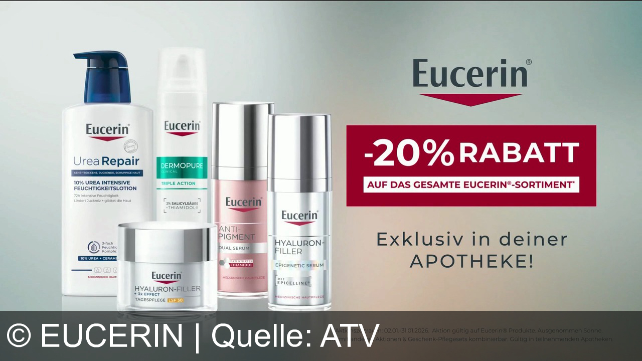 TV Werbung eucerin - Entdecke sichtbar jünger aussehende Haut mit Eucerin Epigenetic Serum & Hyaluron-Filler – empfohlen von Dermatolog:innen. Nur jetzt: 20 % Rabatt auf das gesamte Eucerin-Sortiment in deiner Apotheke!