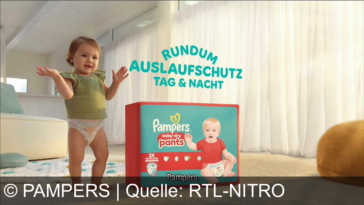 TV Werbung pampers - Bewegungen wie diese können zum Auslaufen der Windel führen. Die neuen Pampers Pants haben ein Stopp und Schutzsystem mit zweimal breiteren Bündchen gegen Auslaufen an den Beinen und ein Täschchen, das Auslaufen am Rücken verhindert, so bleibt die Windel auslaufsicher, egal wie sich dein Baby bewegt. Pampers.