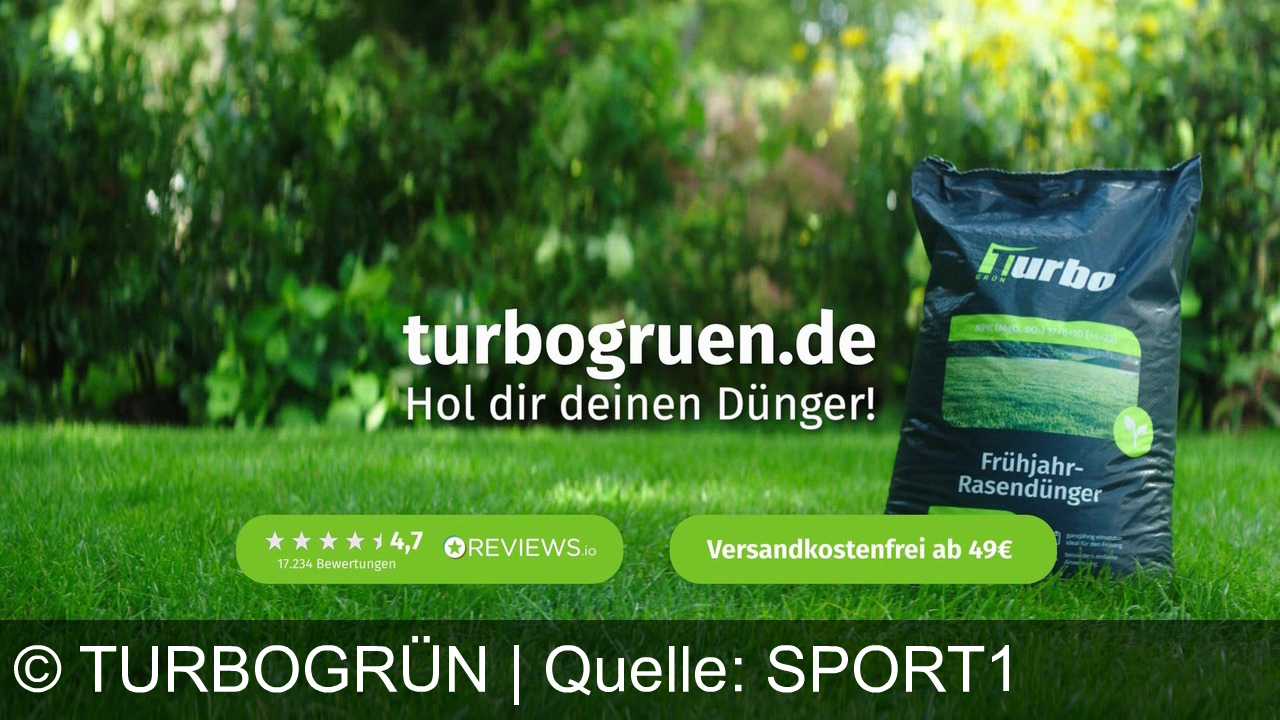 TV Werbung turbogrün - Fußballstar Thomas Müller wirbt für Turbo-Grün: Dünger-Doping für sattgrünen Rasen in nur 7 Tagen. Jetzt auf turbogruen.de bestellen!
"Doping für den Rasen. Mit Turbo-Grün-Dünger. In sieben Tagen satt grüner Rasen. Da ist so viel Stickstoff drin, der gibt dem Rasen die nötige Energie. Und wenn man die Feinkörnigkeit anschaut, dann weiß man auch, wieso es so schnell wirkt. Kleine Körnung, schnelle Wirkung. Ihr habt mir unzählige Vorher-Nachher-Bilder geschickt. Die Rasen sehen echt super aus. Turbo-Grün liefert direkt vor die Haustür. Geh jetzt auf turbogrün.de und hol dir deinen Dünger."