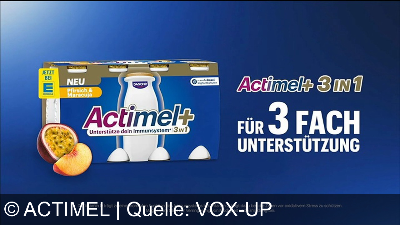 TV Werbung actimel - Dreifach stark durchstarten mit dem neuen Actimel Plus 3-in-1 von Danone – Vitamin D, C und Magnesium für ein Immunsystem in Bestform. Jetzt bei EDEKA – Probier Pfirsich & Maracuja!