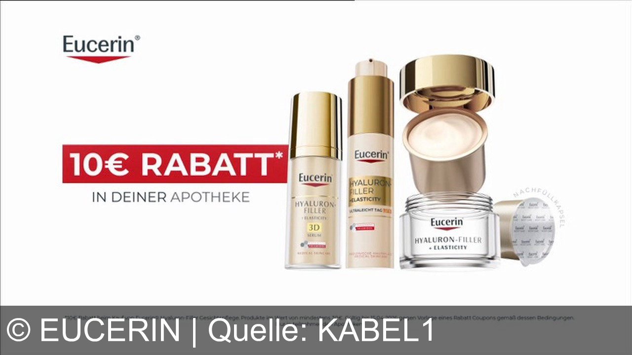 TV Werbung eucerin - Eucerin Hyaluron-Filler + Elasticity: Die Anti-Age-Innovation mit LSF 50 für mehr Elastizität, weniger Falten und Pigmentflecken. Jetzt 10€ sparen in Ihrer Apotheke.
