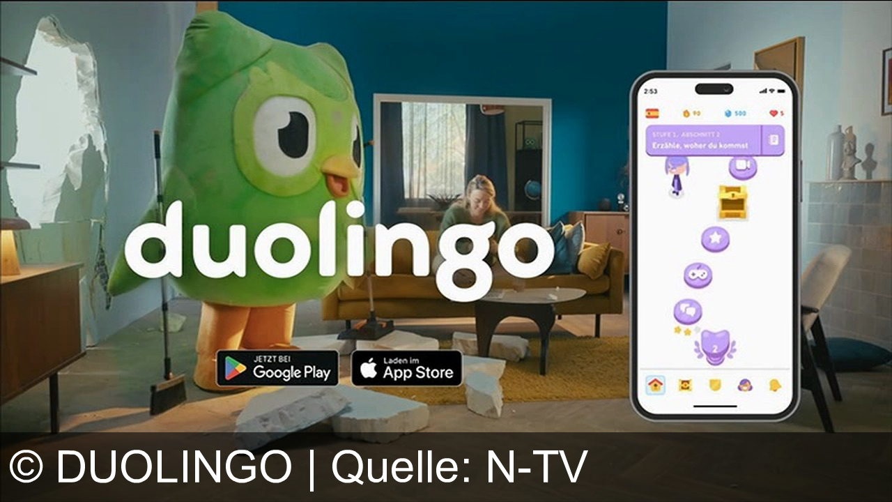 TV Werbung duolingo - Lerne in nur 5 Minuten täglich eine neue Sprache mit Duolingo! Entspannt auf der Couch, begleitet vom grünen Vogel. Jetzt kostenlos im App Store und Google Play herunterladen.