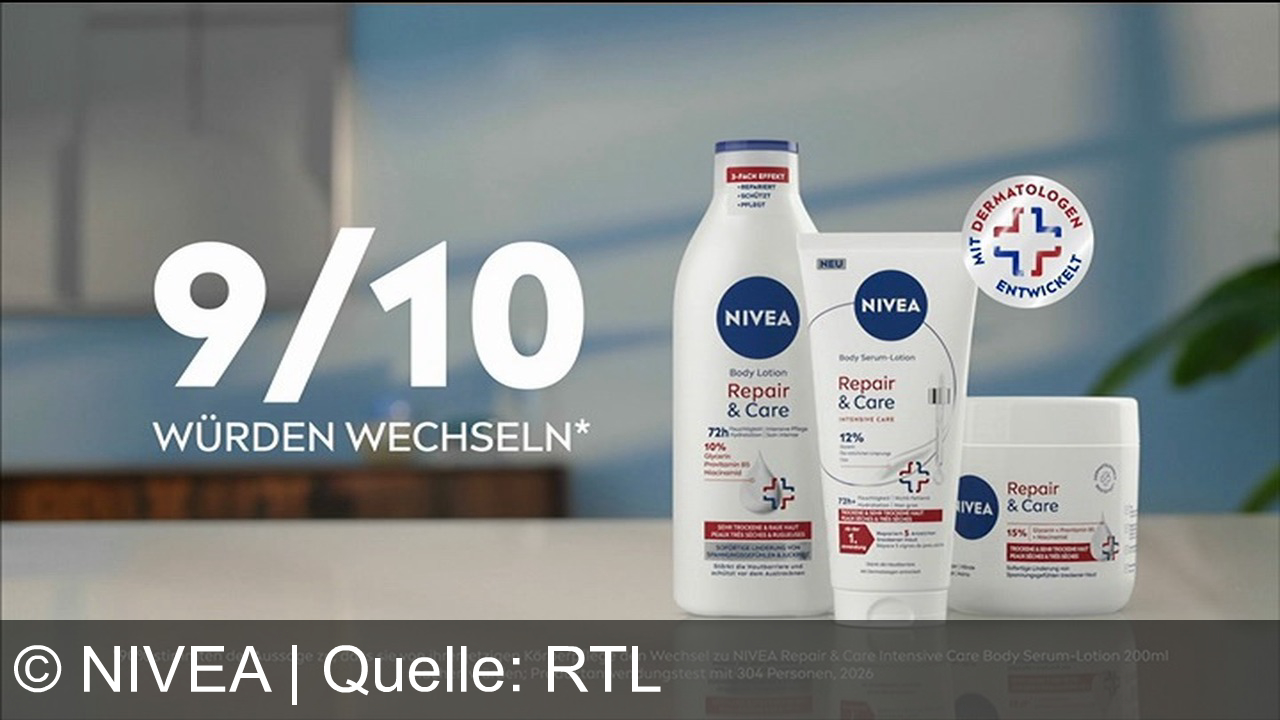 TV Werbung nivea - NIVEA Repair & Care Serum Lotion: 72 Stunden Feuchtigkeit, 12% Wirkstoffkomplex. Repariert trockene Haut ab der ersten Anwendung – 9 von 10 würden wechseln.