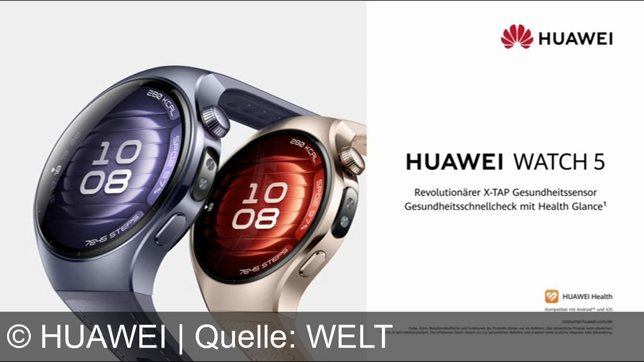 TV Werbung huawei - Erlebe die Zukunft am Handgelenk mit der Huawei Watch 5 – stilvoll, vielseitig und bereit für jedes Abenteuer. Gesundheit in einer Minute, kompatibel mit Android und iOS. Tap the next!