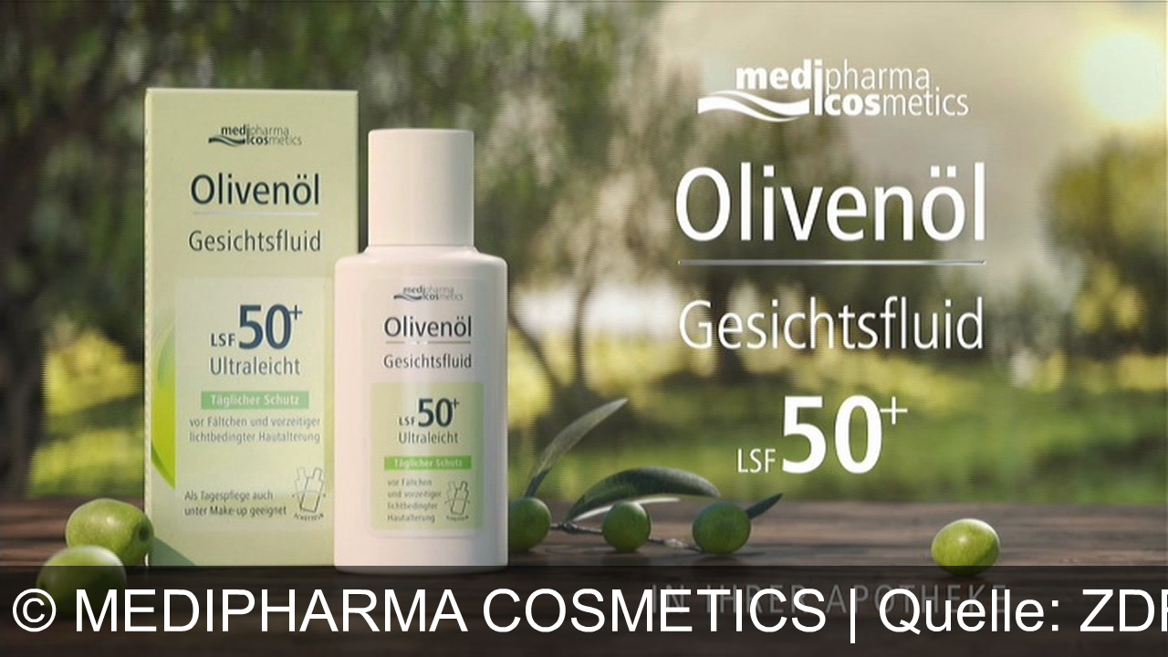 TV Werbung medipharma cosmetics - Das neue Olivenöl Gesichtsfluid von Medipharma Cosmetics bietet Sonnenschutz, beugt Pigmentflecken vor und schützt vor Fältchen. Perfekt für den Sommer und als Tagespflege unter Make-up geeignet. Erhältlich in Apotheken.