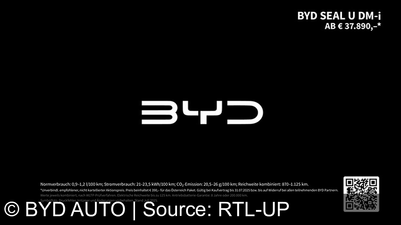 TV Werbung byd auto - Erlebe leistbare Superhybrid-Technologie in Top-Ausstattung. Fahre mit gutem Gefühl, dank höchster Sicherheit im Crash-Test. Und gelange mit einer Reichweite von über 1100 Kilometer problemlos von Wien nach Rom. Der neue BYD Seal UDMI Superhybrid. BYD. Build your dreams.