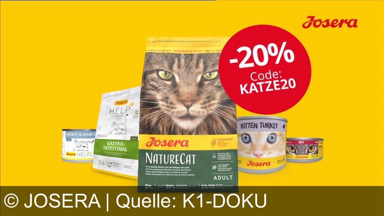 TV Werbung josera - Feinschmecker aufgepasst. Schnapp dir jetzt 20%. Nutze dafür einfach den Code KATZE20 und finde dein Lieblingsfutter, ob getreidefrei oder hypoallergen, immer ohne Zuckerzusatz, nur für kurze Zeit und nur auf josera.de.