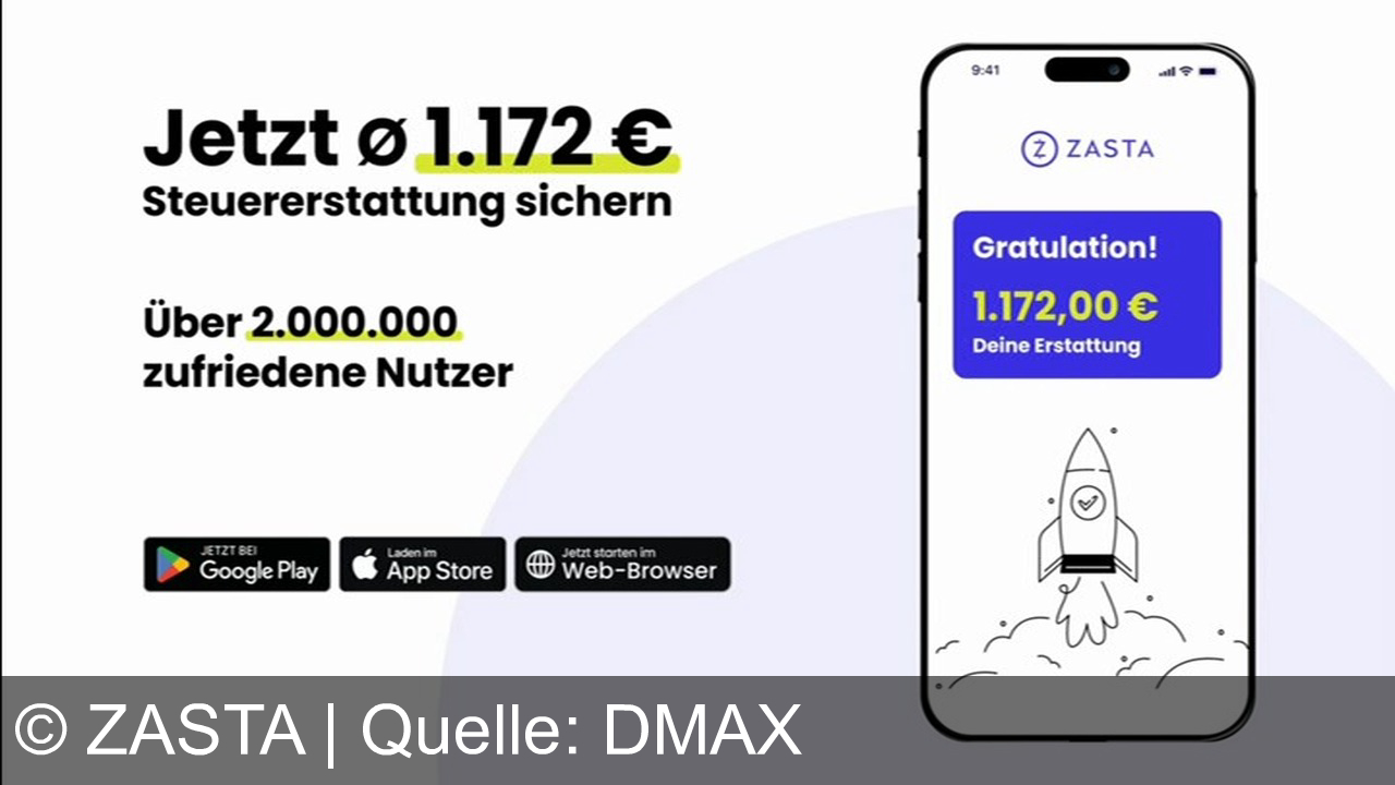 TV Werbung zasta - "Leute, mein Konto ist schon 300 Euro im Minus. Mann, ich brauche unbedingt Kohle, ey. Wie komme ich an das Geld? Weiß da jemand was? Was machst du da? Mann, ich brauche schnell Geld. Ja, dann hol dir das doch einfach von der Steuer zurück. Wie? Ja, mit dieser Zaster-App. Die haben mir 1000 Euro zurückgeholt. Einfach Name, Adresse, Steuer-ID eingeben und fertig." Über zwei Millionen Nutzer lieben Zaster. Hol dir jetzt dein Steuergeld zurück.