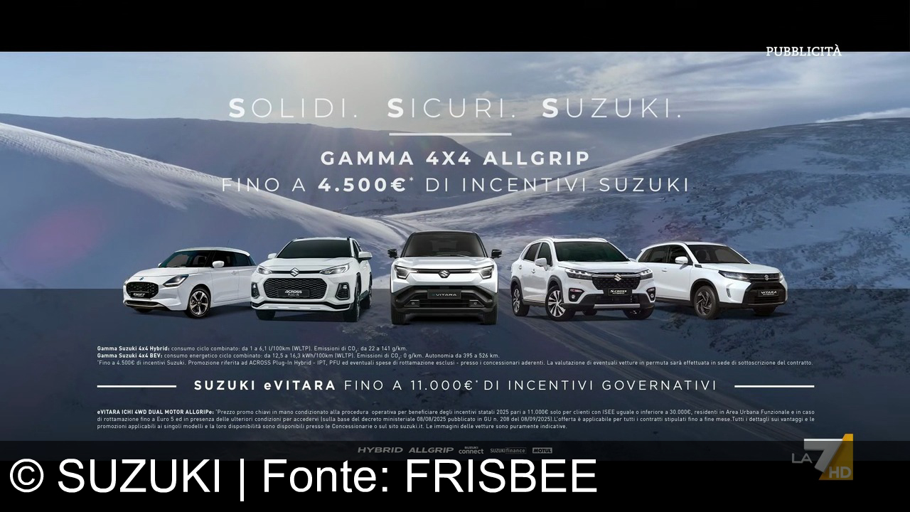 TV Werbung suzuki - Suzuki Vitara e gamma 4x4 AllGrip: forza, sicurezza e avventura con stile. Scegli l’ibrido con fino a 11.000€ di incentivi! Suzuki, solida come le montagne che attraversi.