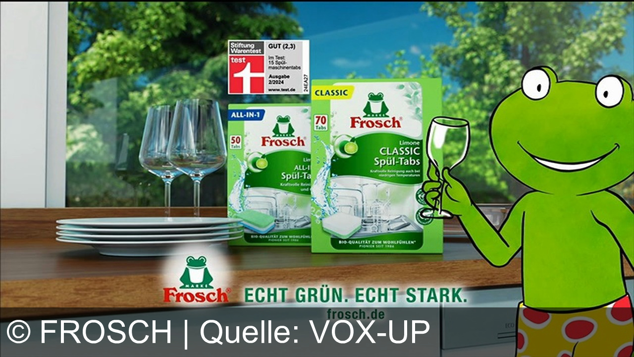 TV Werbung frosch - Weil nichts so stark ist wie die Natur. Pflanzenbasierte Spülkraft für sauberes Geschirr. Ohne Rückstände und mit perfektem Glanz. Frosch. Echt grün. Echt stark.