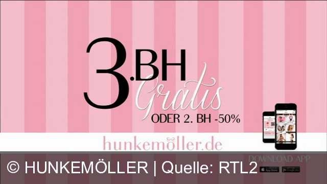 TV Werbung hunkemöller - 3. bh gratis, oder 2. bh -50%, hunkemoller.de, Jetzt dritte BH gratis, auch auf honkemöller.de.