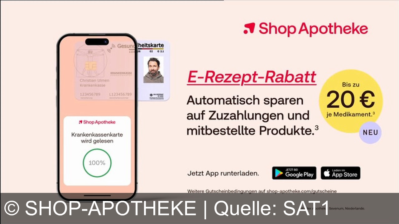 TV Werbung shop-apotheke - Christian Ulmen zeigt: Mit der Shop Apotheke App E-Rezept einlösen, Krankenkassenkarte scannen und automatisch bis zu 20 € sparen – jetzt bei Google Play und im App Store!