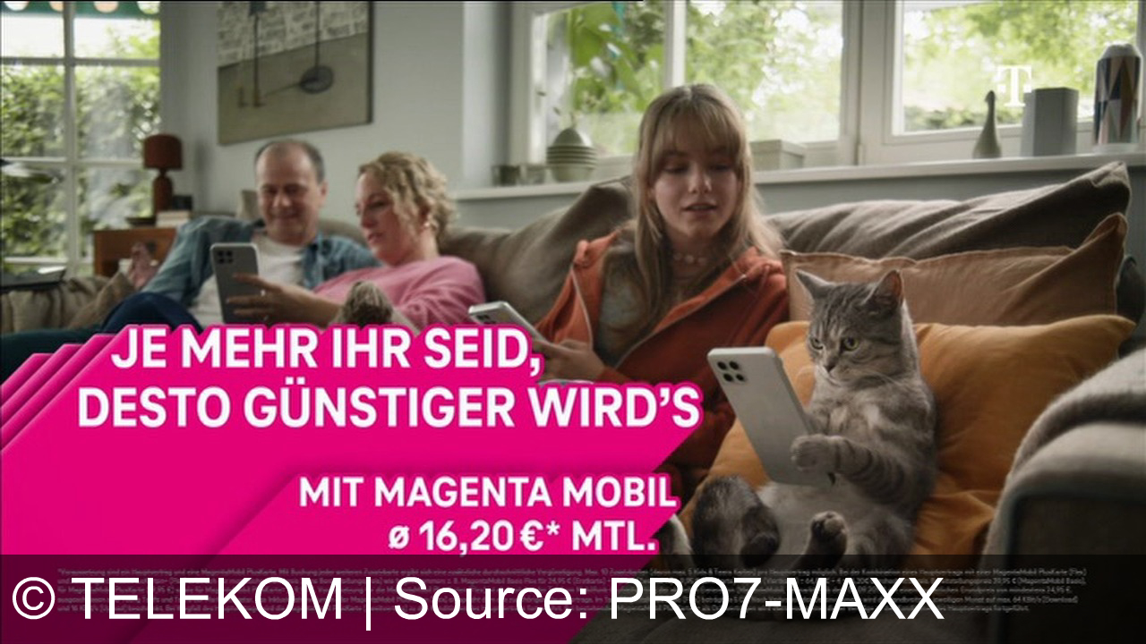 TV Werbung telekom - Telekom bietet mit MagentaMobil günstige Tarife: Vier Karten kosten im Schnitt nur 16,20 Euro pro Monat. Je mehr Nutzer, desto günstiger wird es. Ideal für Familien oder Gruppen.
