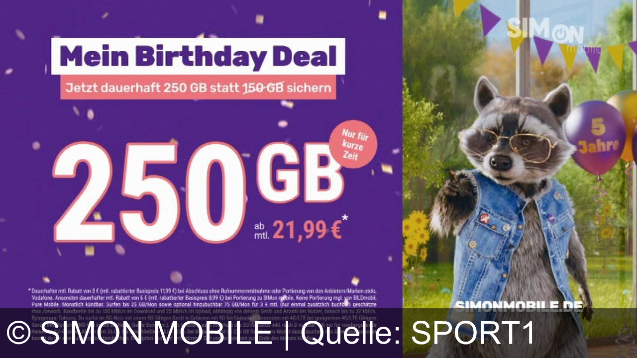 TV Werbung simon mobile - Feiere deinen Birthday Deal mit dem Waschbär! Bei SIMONMOBILE.DE: 250 GB statt 150 GB ab 21,99 € monatlich. Nur kurz!