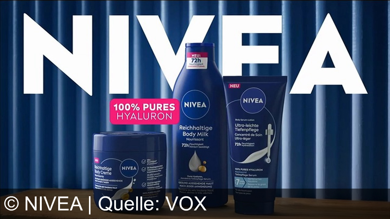 TV Werbung nivea - Nivea Body Milk mit 100% purem Hyaluron: Nur 3 Minuten für 3 Tage Feuchtigkeit. Reichhaltig, seidig, ultraleicht – für weiche, glatte Haut. Finde deine Textur mit Nivea.