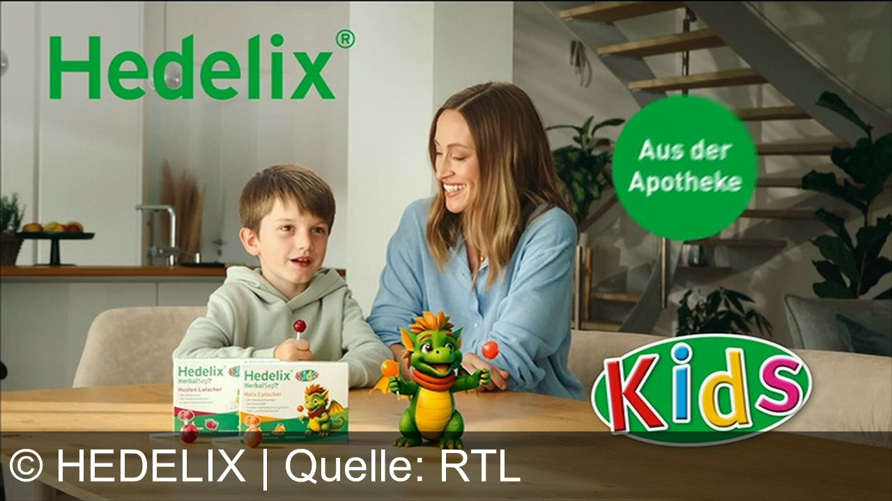 TV Werbung hedelix - Hedelix Kids Husten- und Halslutscher – Der Drache hilft bei Reizhusten und Halsbeschwerden! Mit Orangen- oder Himbeergeschmack, aus Ihrer Apotheke. Für kleine Helden und ihre Eltern.