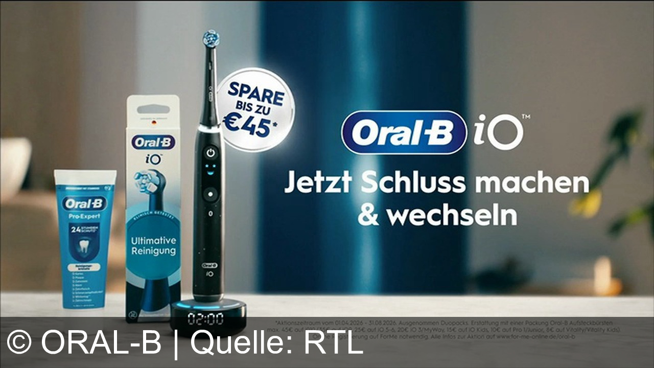 TV Werbung oral-b - Oral-B iO informiert dich: kein Schaden durch Handzahnbürsten. Runder Kopf, Rotation & Andruckkontrolle für 100% sauberere Zähne. Spare bis zu 45€ beim Wechsel.