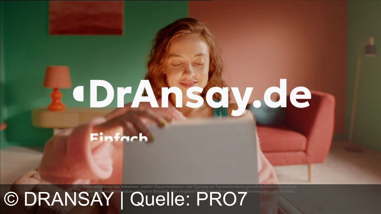 TV Werbung dransay - Dr. Ansay, dein Rezept einfach per App – bequem von der Couch mit Frau im pinken Sweater, rotem Stuhl und orangem Bett! Alles rund um Gesundheit auf doktoransay.de. So einfach, so gesund!
